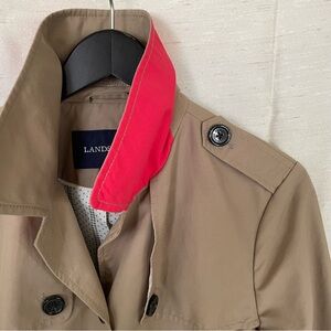 Land’s End tan cotton/nylon short trench coat with coral accent women’s M 10-12